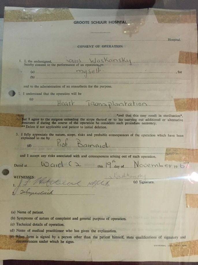 Consent form (left) and operation note (right) for first human heart transplant.